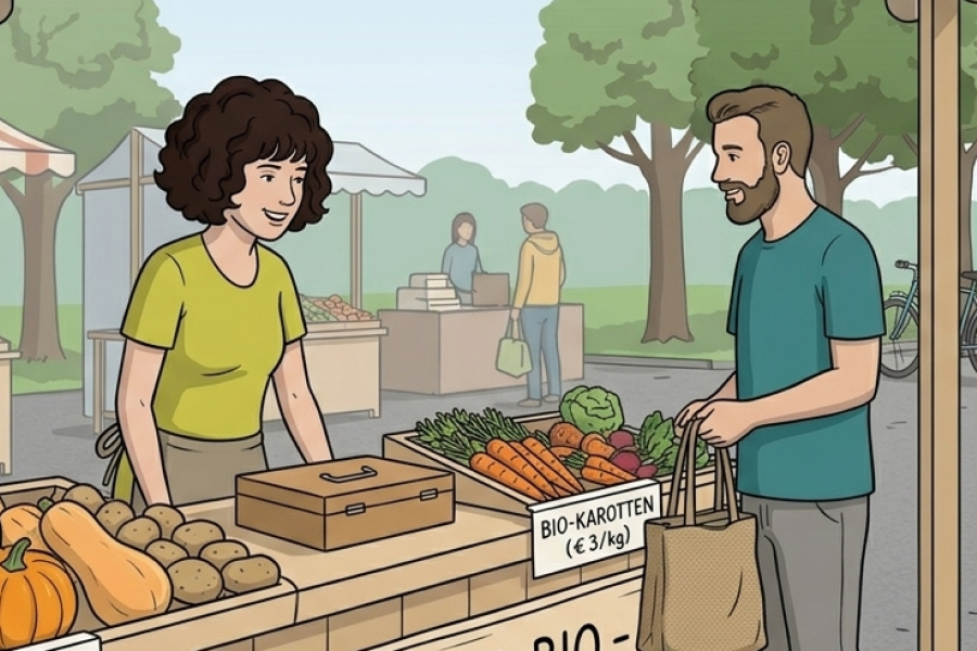 Comic illustration of a shopping conversation at a vegetable market stall in the outdoors.