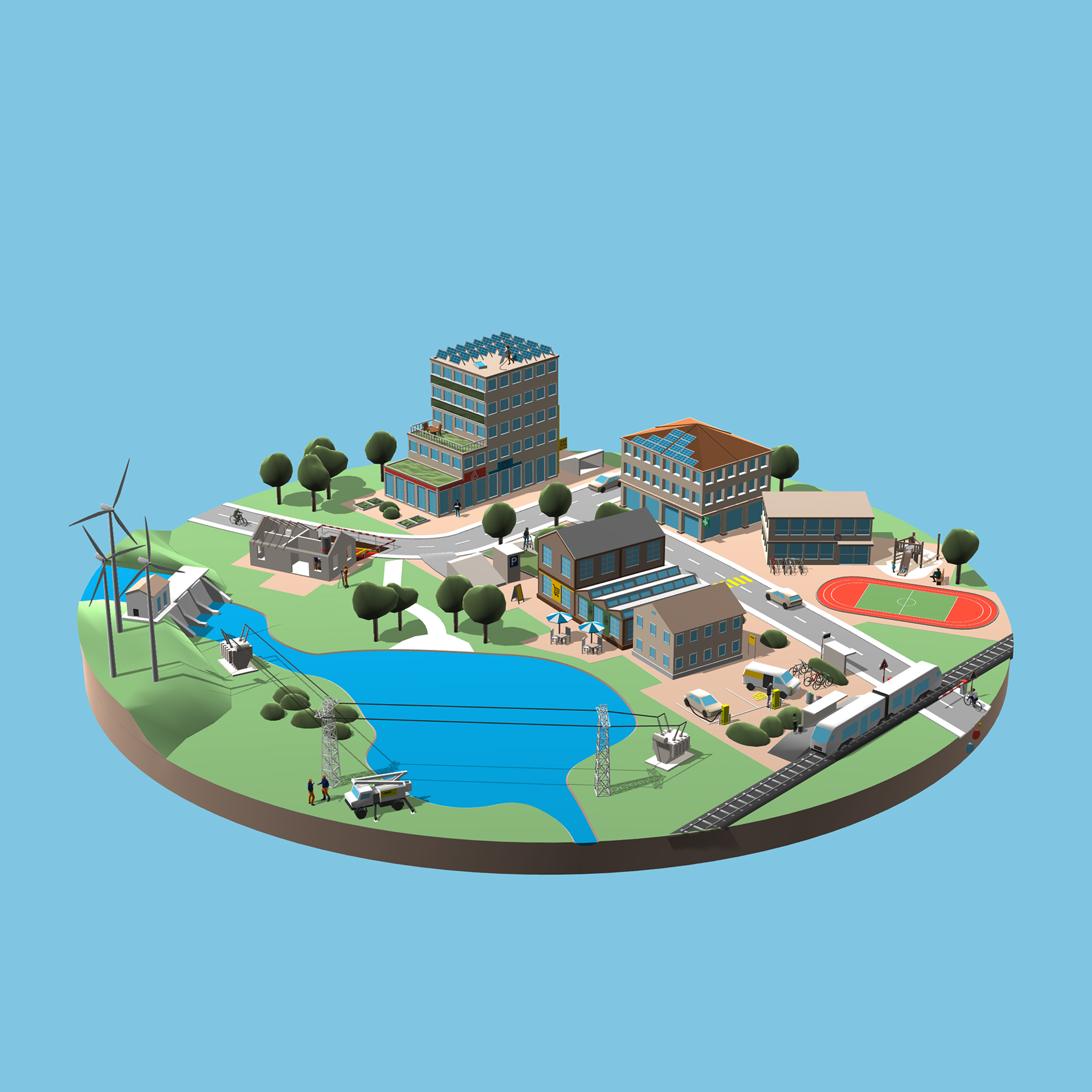 3D model of a modern district with green infrastructure, rail connections, residential buildings and renewable energies against a blue background.