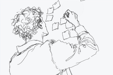 Schwarz-weiss-Skizze eines UX-Designers von hinten, der Notizzettel an eine Wand heftet oder anordnet.