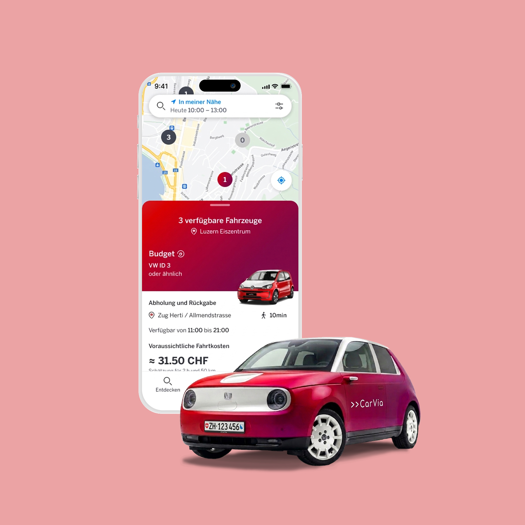 Mobile car sharing application with an app user interface for vehicle booking and a compact electric car in the foreground.