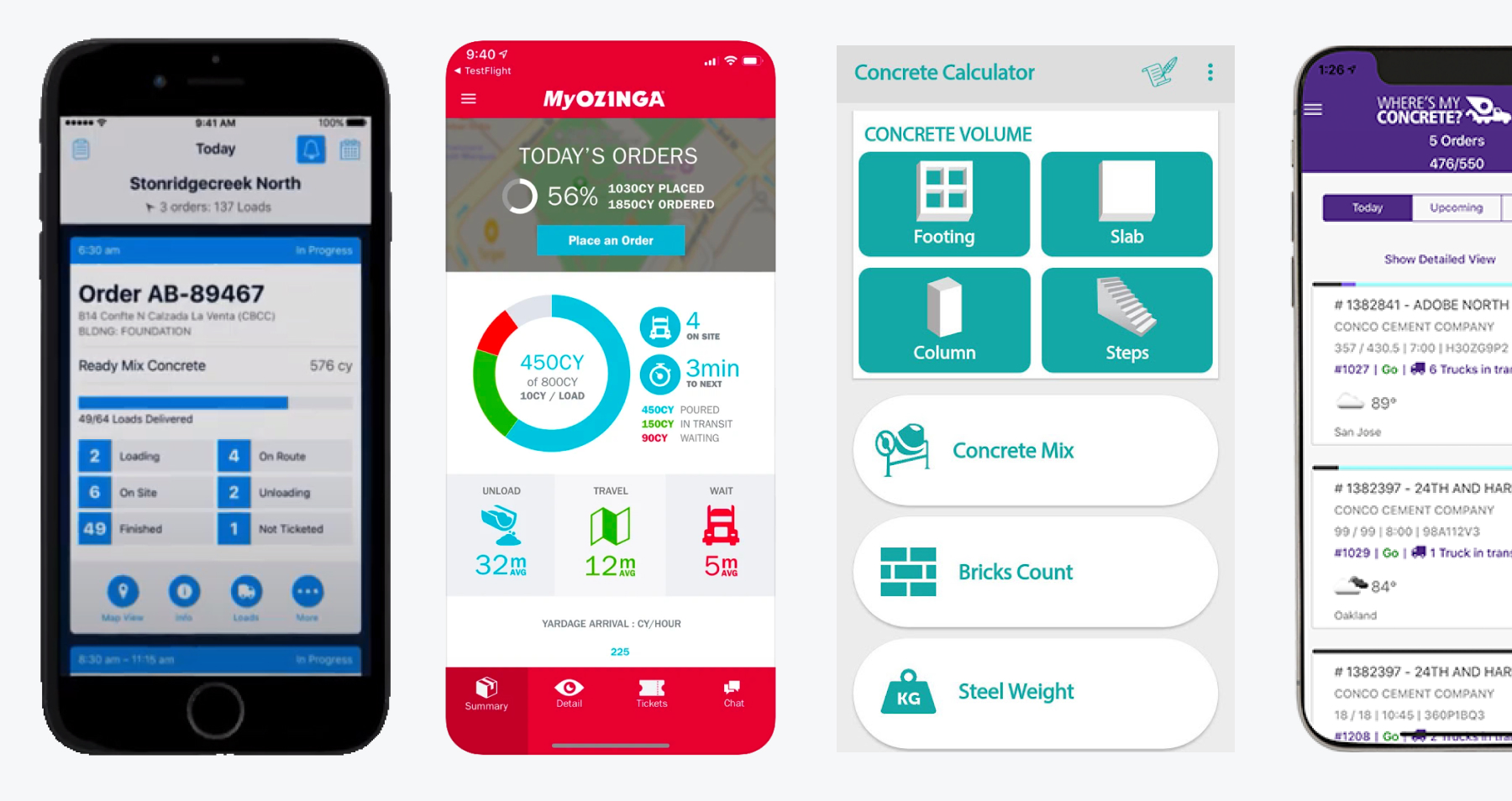 Comparison of user interfaces of different mobile apps for concrete orders and delivery status tracking.