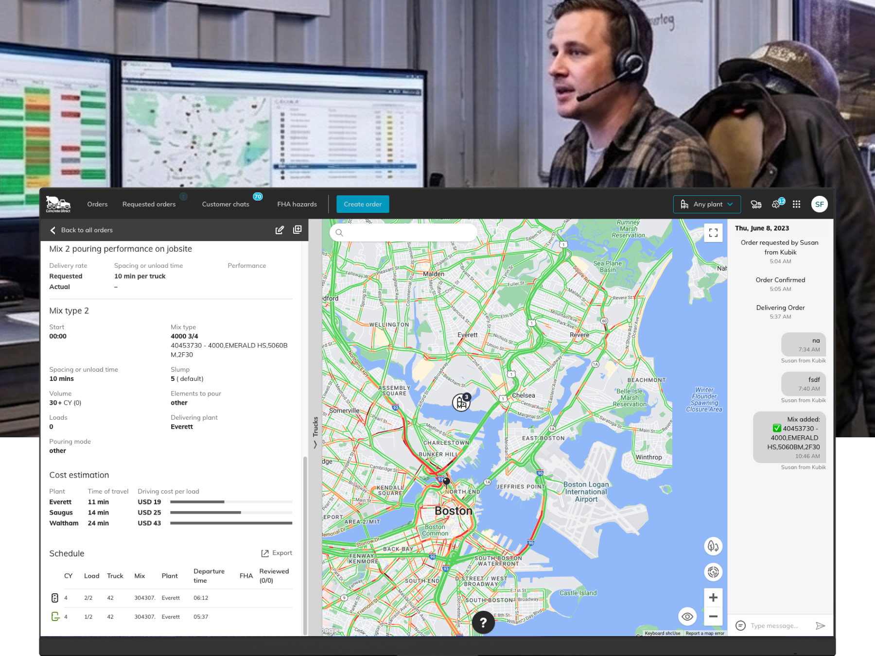 Logistics software dashboard in map view for shipment tracking against at operations center background.