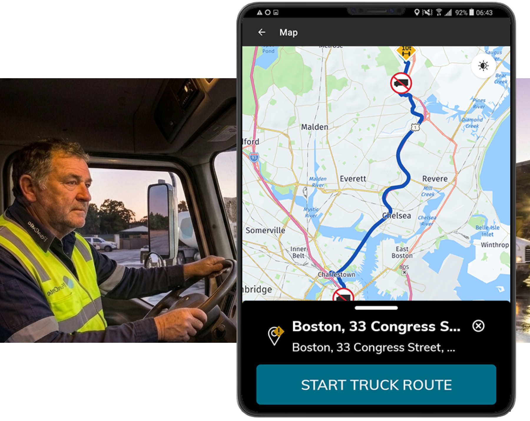 Truck navigation app with route planner against the background of a truck driver in the cab.