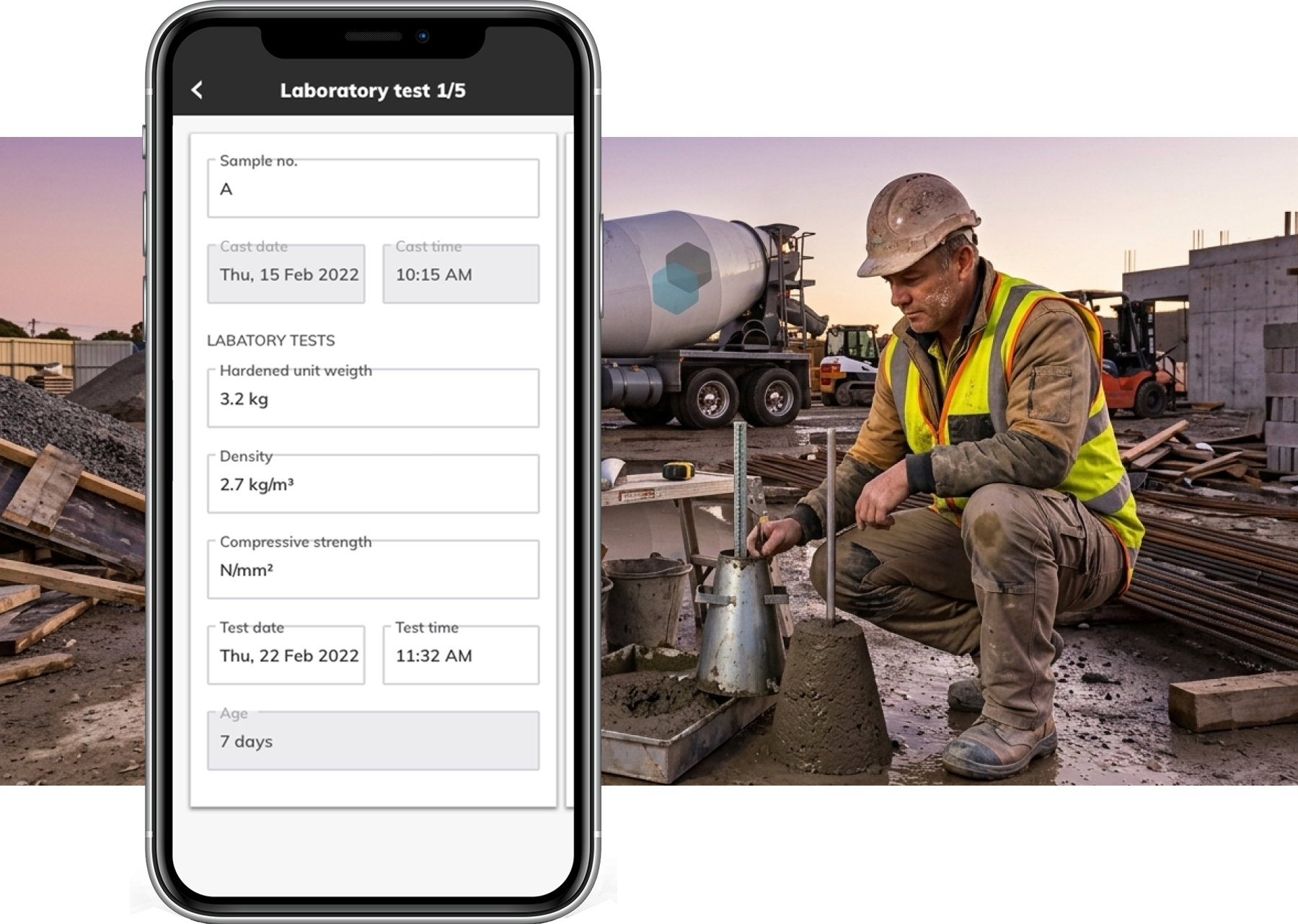 Mobile quality assurance app for concrete laboratory testing against the background of at inspector on the construction site.