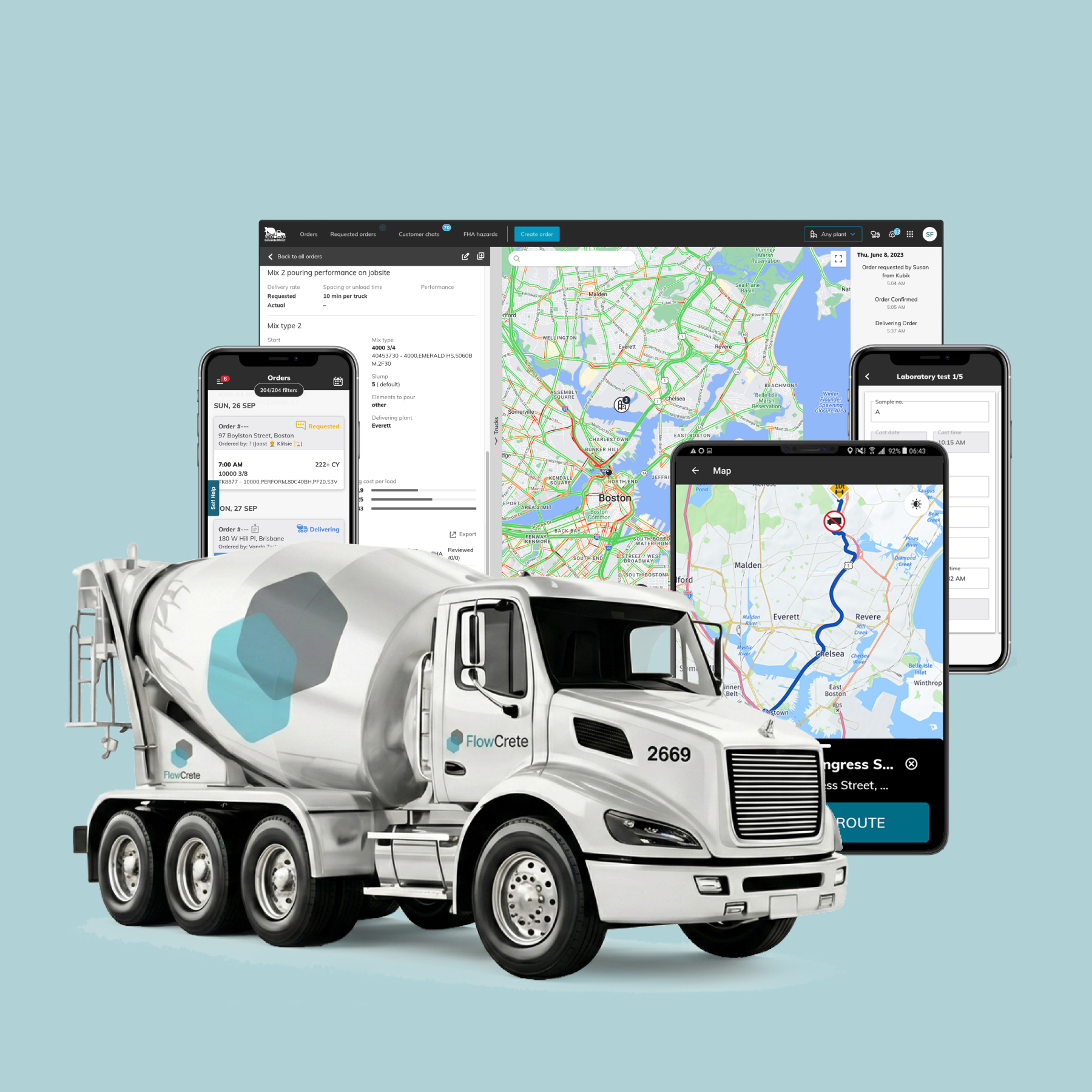 A concrete logistics software with a truck in the foreground and various app views on screens behind it.