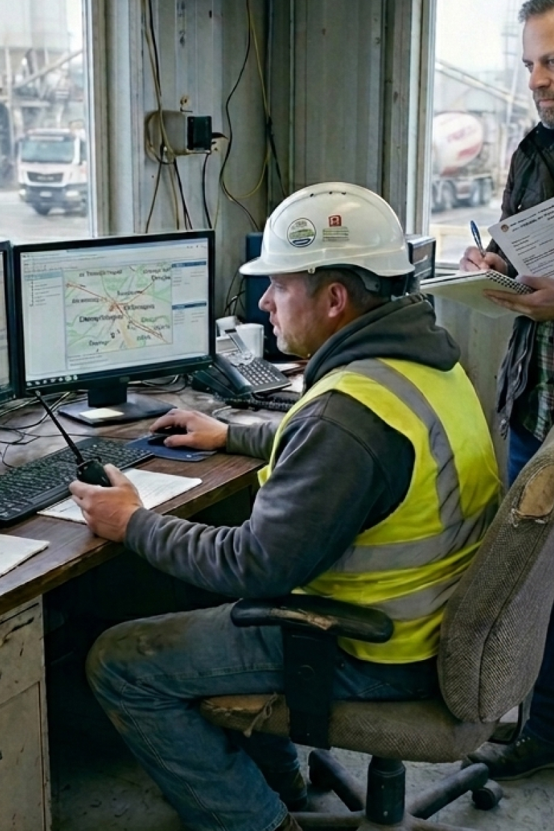 On-site interview with a logistics employee at his PC workstation in the concrete plant.