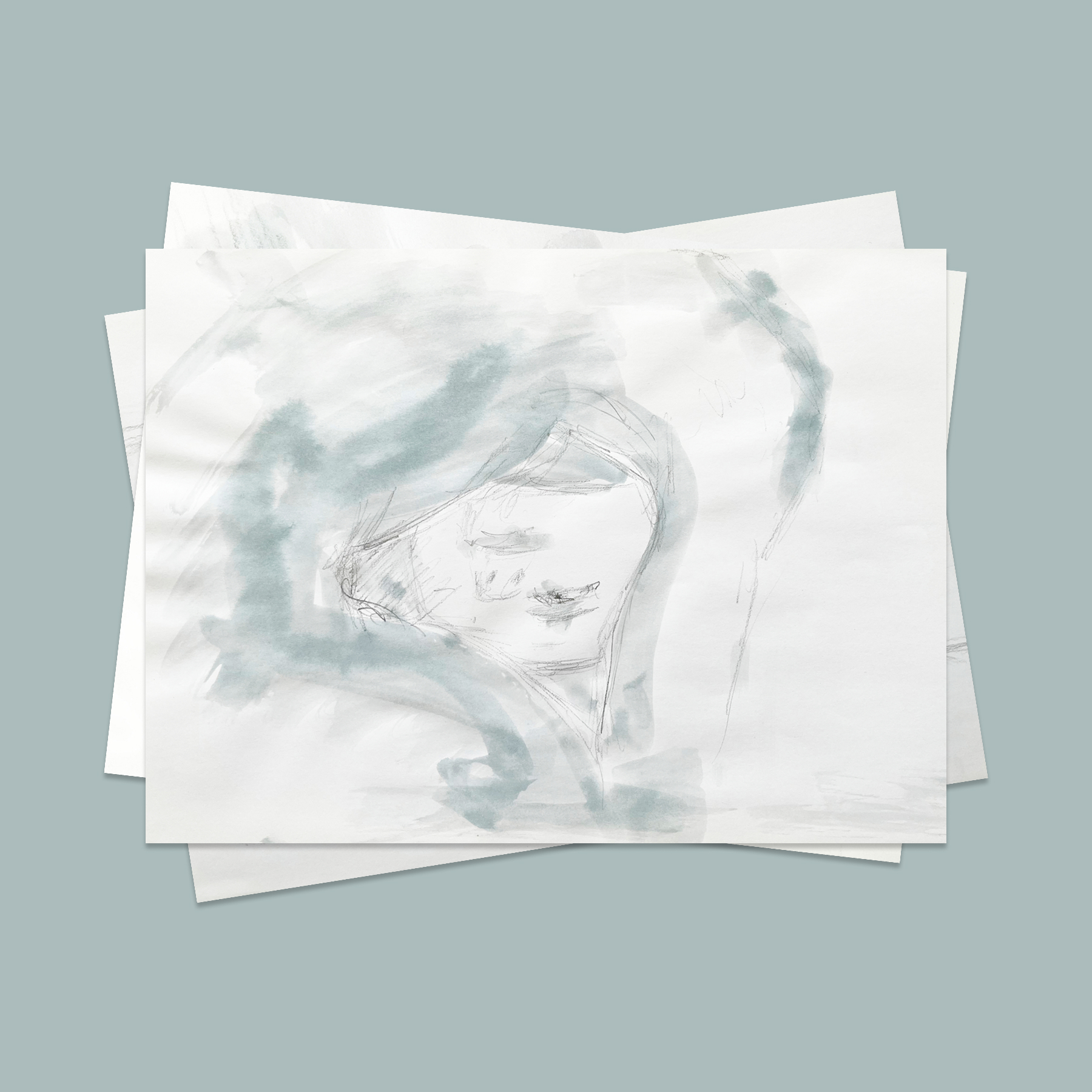 A sketched drawing of a naked, hunched over person with soft, flowing brush strokes on a stack of papers.