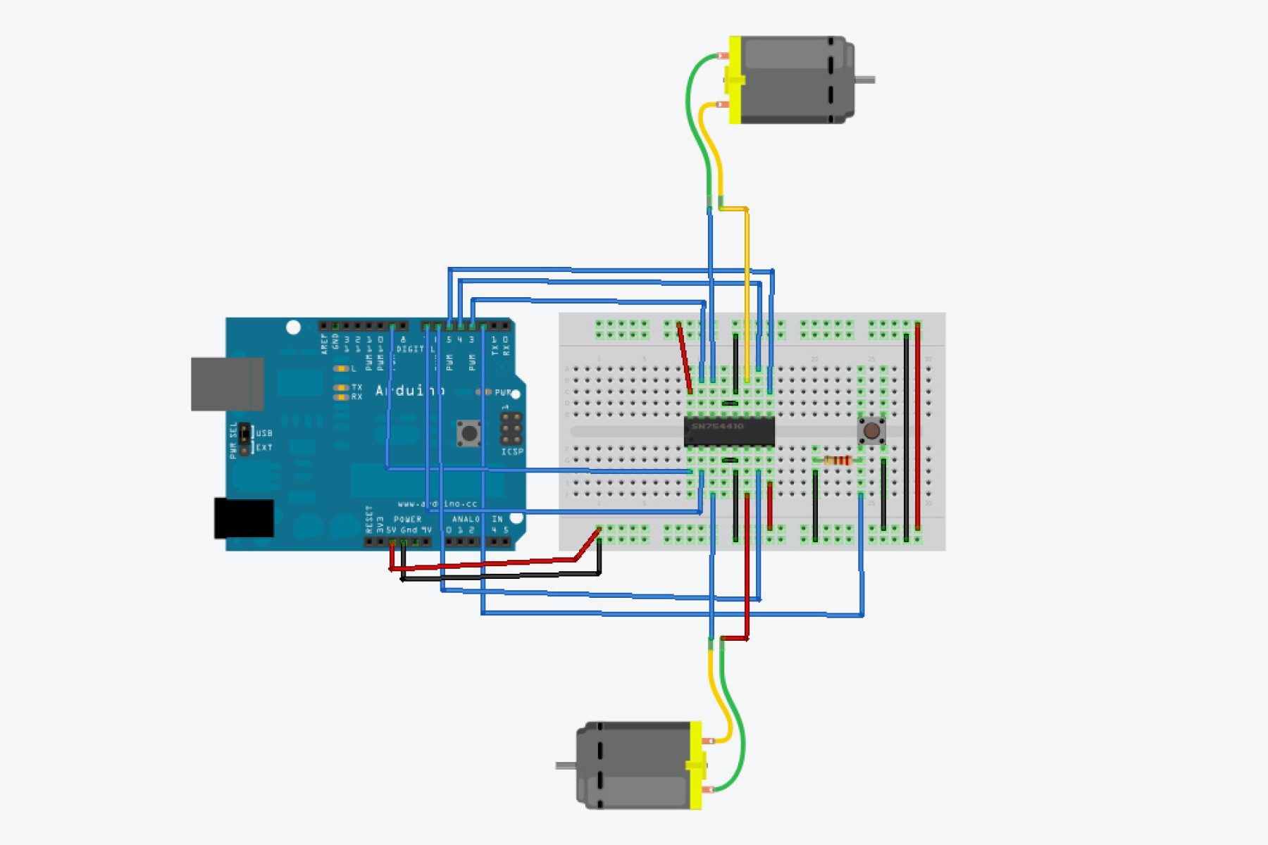 Electronic circuit diagram with an Arduino Uno, a breadboard, two DC motors and an integrated circuit.