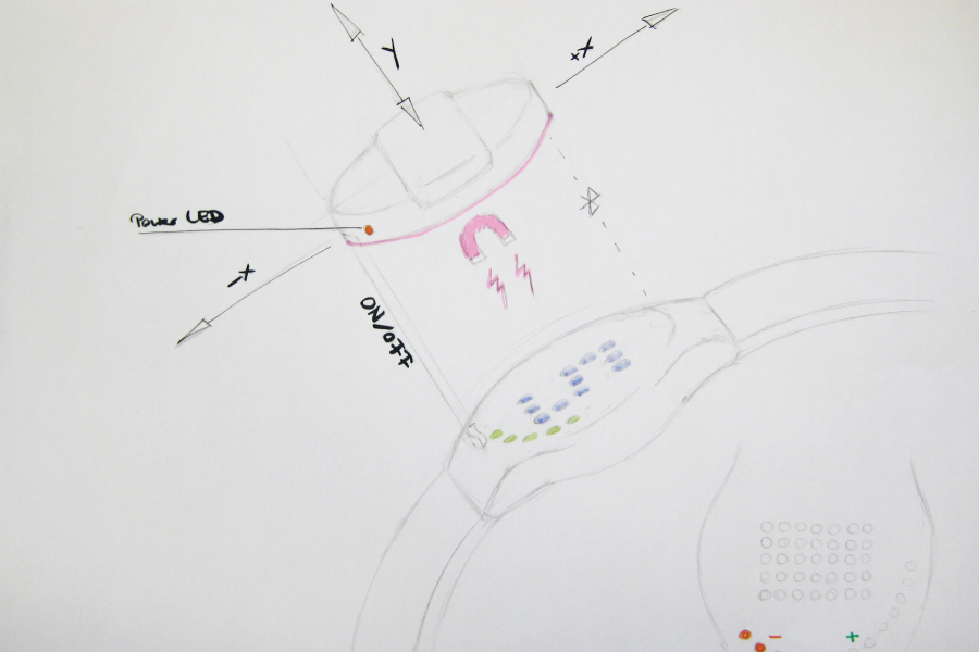 Technical concept sketch of a wristwatch with a magnetically detachable coupling element and Bluetooth connection.