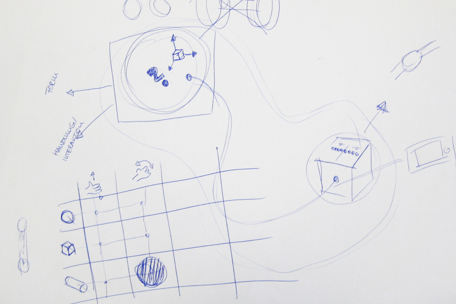 Ballpoint pen sketch with an interaction diagram, geometric shapes in a grid and representations from case shapes.