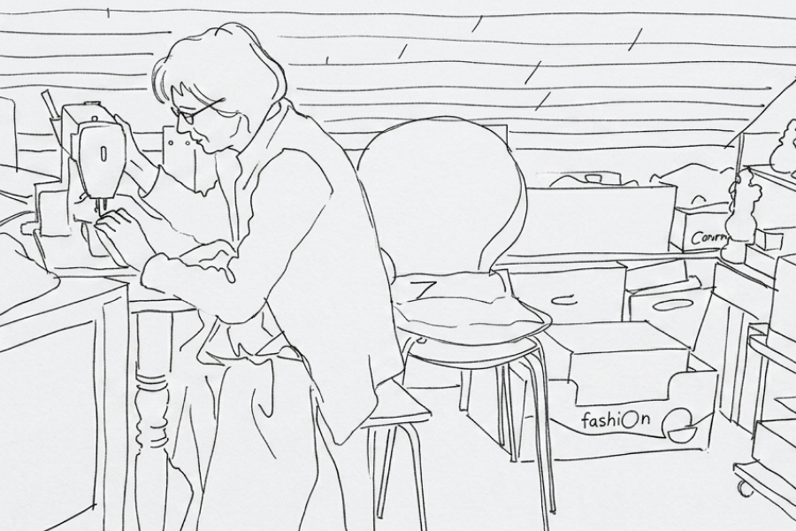 Black and white line drawingnowg my mother at her sewing machine while making the plush aliens.