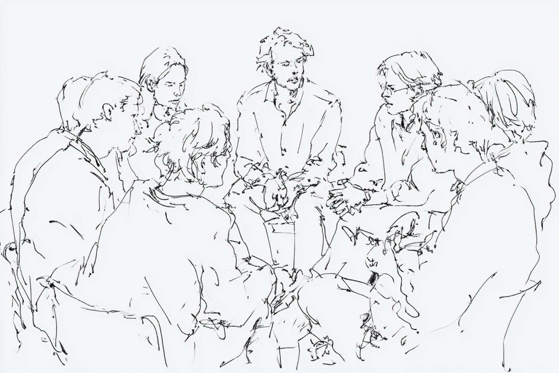 Minimalist sketchy ink texture drawing of a group of students sitting in a circle and talking.