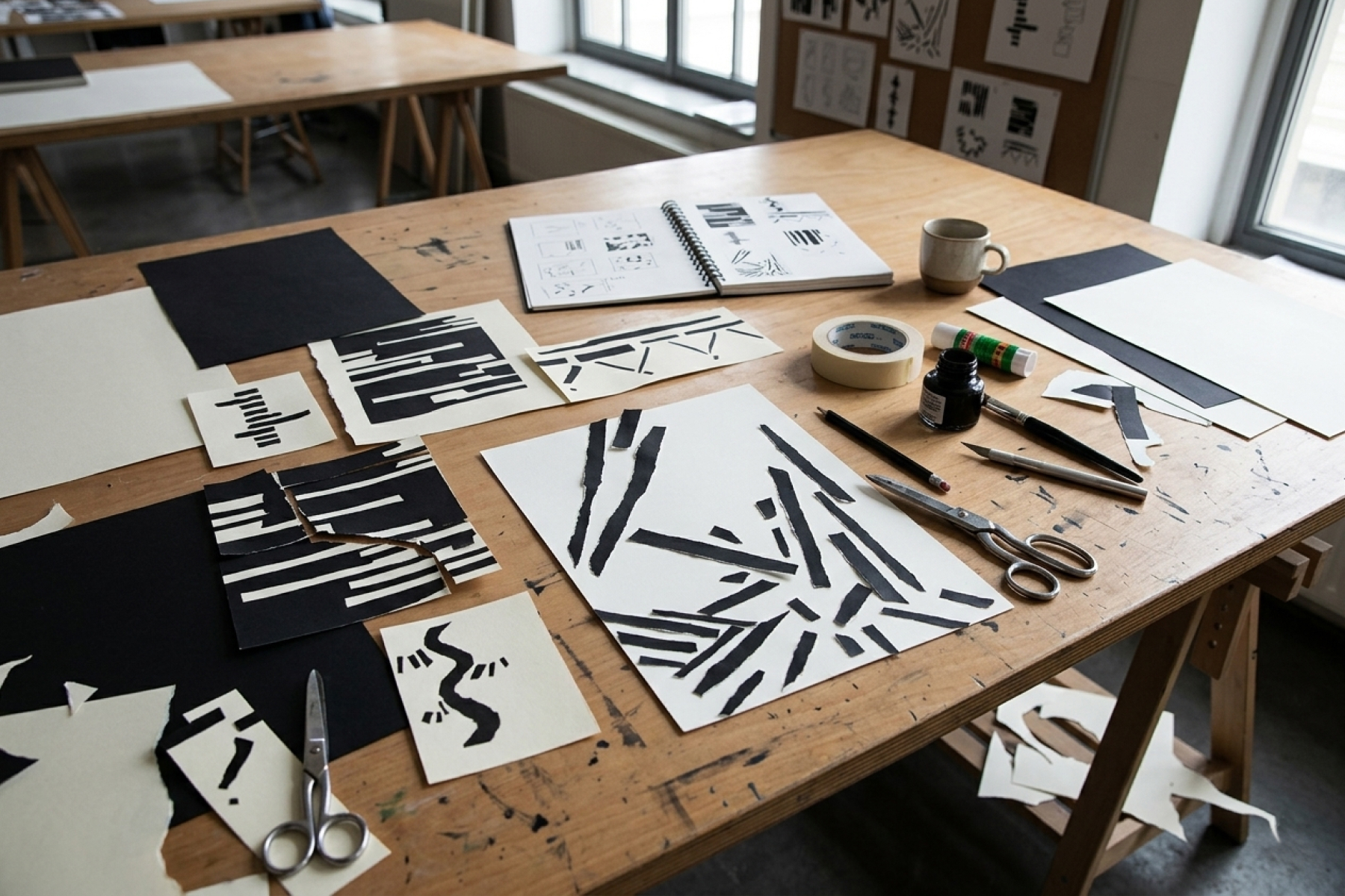 Creative work table made of wood with abstract black and white paper collages, sketchbook, scissors, ink, glue stick and brushes.